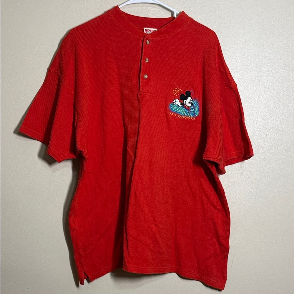 Vintage Red Mickey Mouse Henley Embroidered Vacation Sweater Shirt L XL